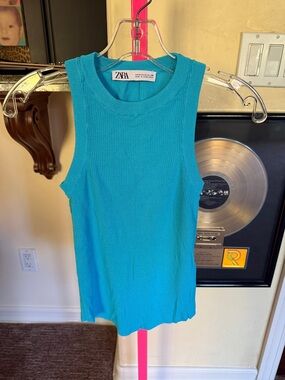 ZARA Teal Ribbed Sleeveless Tank Top size Med.